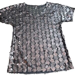 Free People Womens Sparkle Sequin Mesh T-shirt gray Silver Mini Dress‎ XS